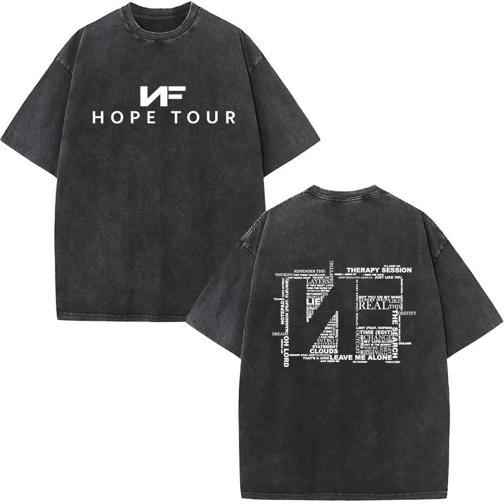 Black distressed cotton t-shirt with rapper nf album hope tour logo front and word art back for women streetwear harajuku print retro washed