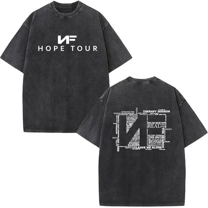 Black distressed cotton t-shirt with rapper nf album hope tour logo front and word art back for women streetwear harajuku print retro washed
