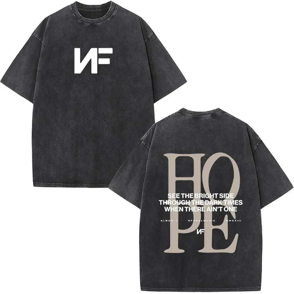 Black oversized t-shirt in cotton with rapper nf album hope cover print retro washed design for women streetwear harajuku