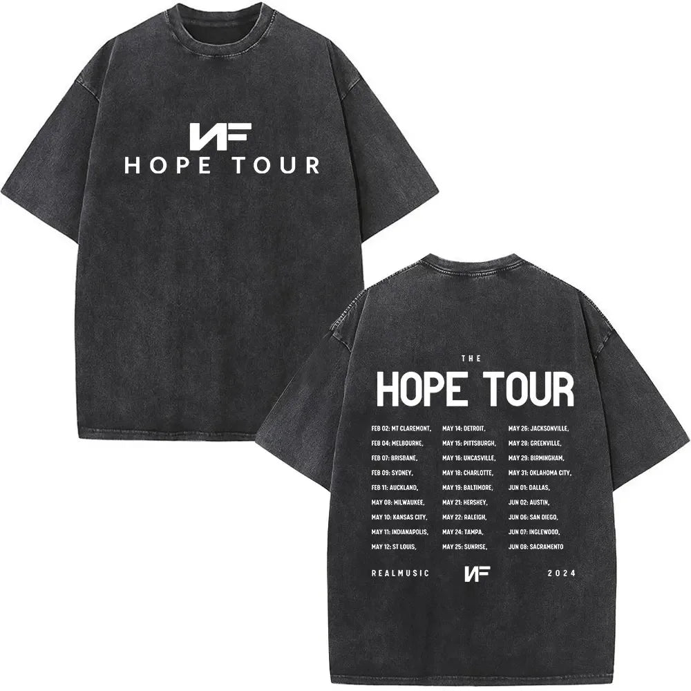 Black distressed cotton t-shirt featuring rapper nf album hope tour print retro washed design and back tour schedule for women streetwear harajuku