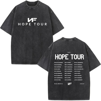 Black distressed cotton t-shirt featuring rapper nf album hope tour print retro washed design and back tour schedule for women streetwear harajuku