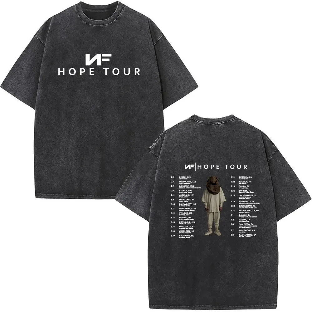 Black oversized cotton t-shirt with white nf hope tour print on back featuring rapper nf album retro washed style for women streetwear harajuku