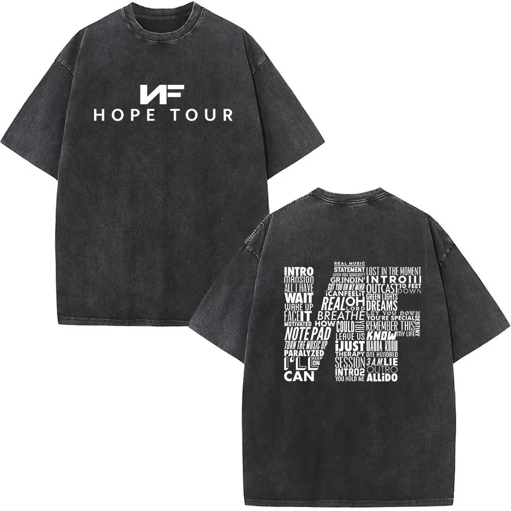 Black oversized rapper nf album t-shirt with white nf hope tour logo front and song title collage back print retro washed cotton