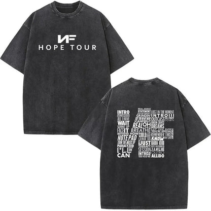 Black oversized rapper nf album t-shirt with white nf hope tour logo front and song title collage back print retro washed cotton