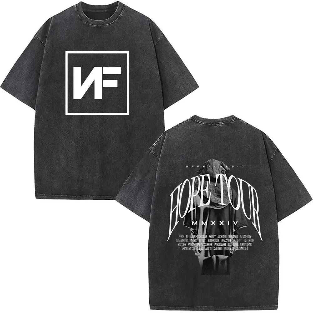 Black oversized cotton t-shirt with white nf logo front and hope tour 2024 print retro washed back for women streetwear harajuku