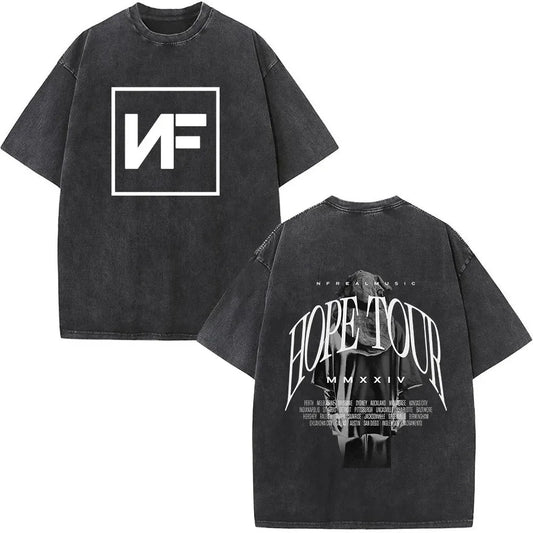Black oversized cotton t-shirt with white nf logo front and hope tour 2024 print retro washed back for women streetwear harajuku