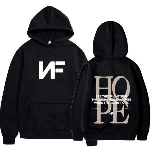 Black hooded sweatshirt with white nf logo front and beige see the bright side text on back in hoodie harajuku long style oversized pullover men