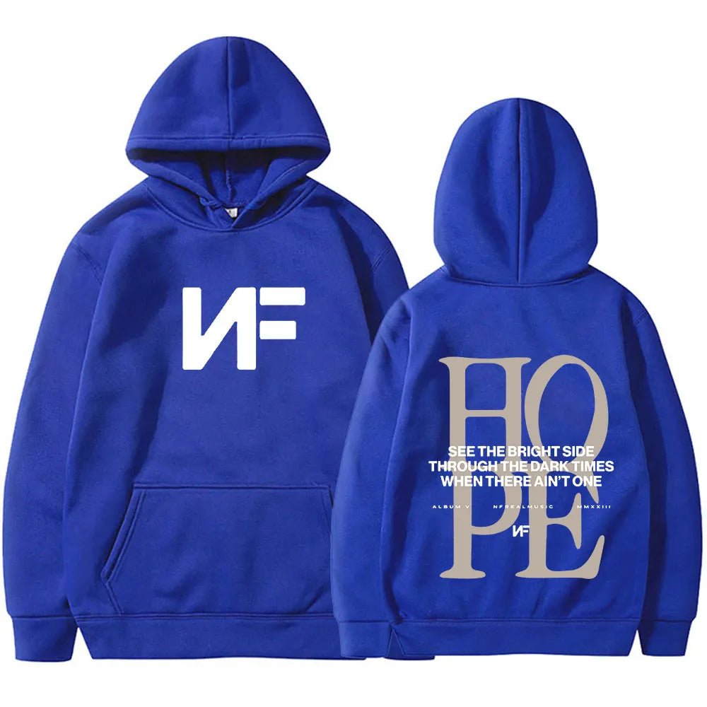 Royal blue rapper nf hope hoodie harajuku long sleeve oversized pullover men with white nf logo front and silver hope back