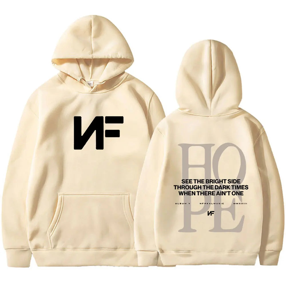 Cream-colored rapper nf hope hoodie harajuku long sleeve oversized pullover men with bold black nf logo front and large gray hope graphic back