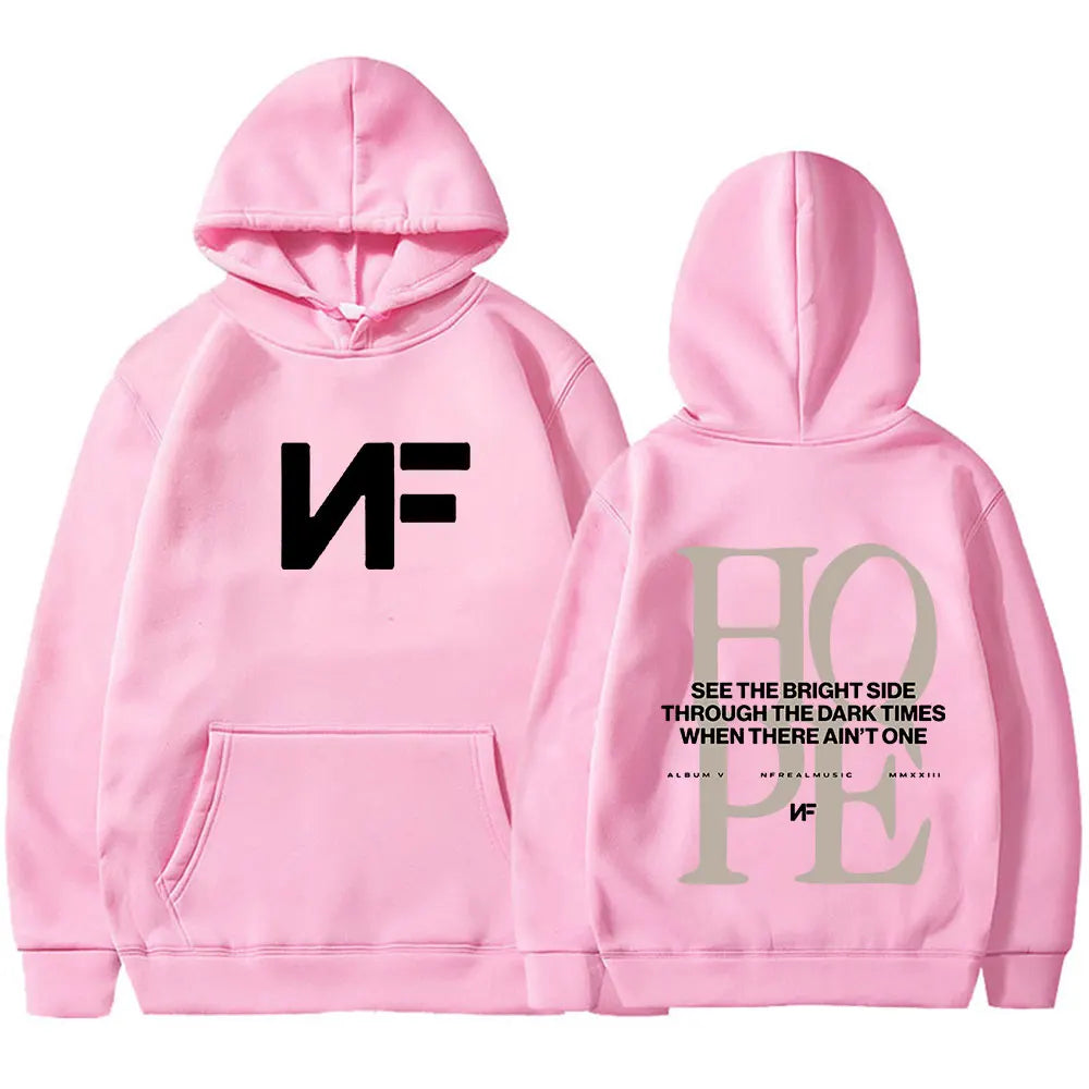 Pink hooded sweatshirt with black gray rapper nf hope logo front and album text back hoodie harajuku long oversized pullover men