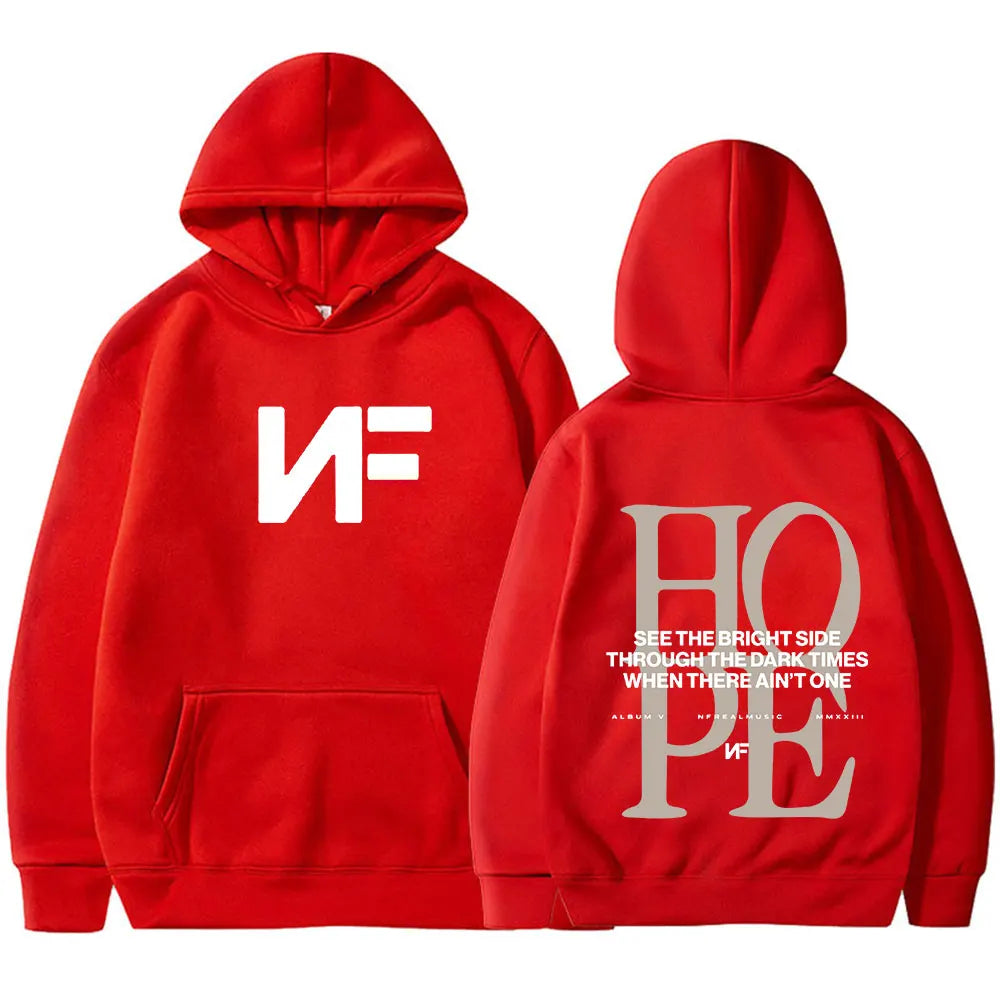 Red hooded sweatshirt with white and gray nf logo and stylized text oversized pullover men hoodie harajuku long style