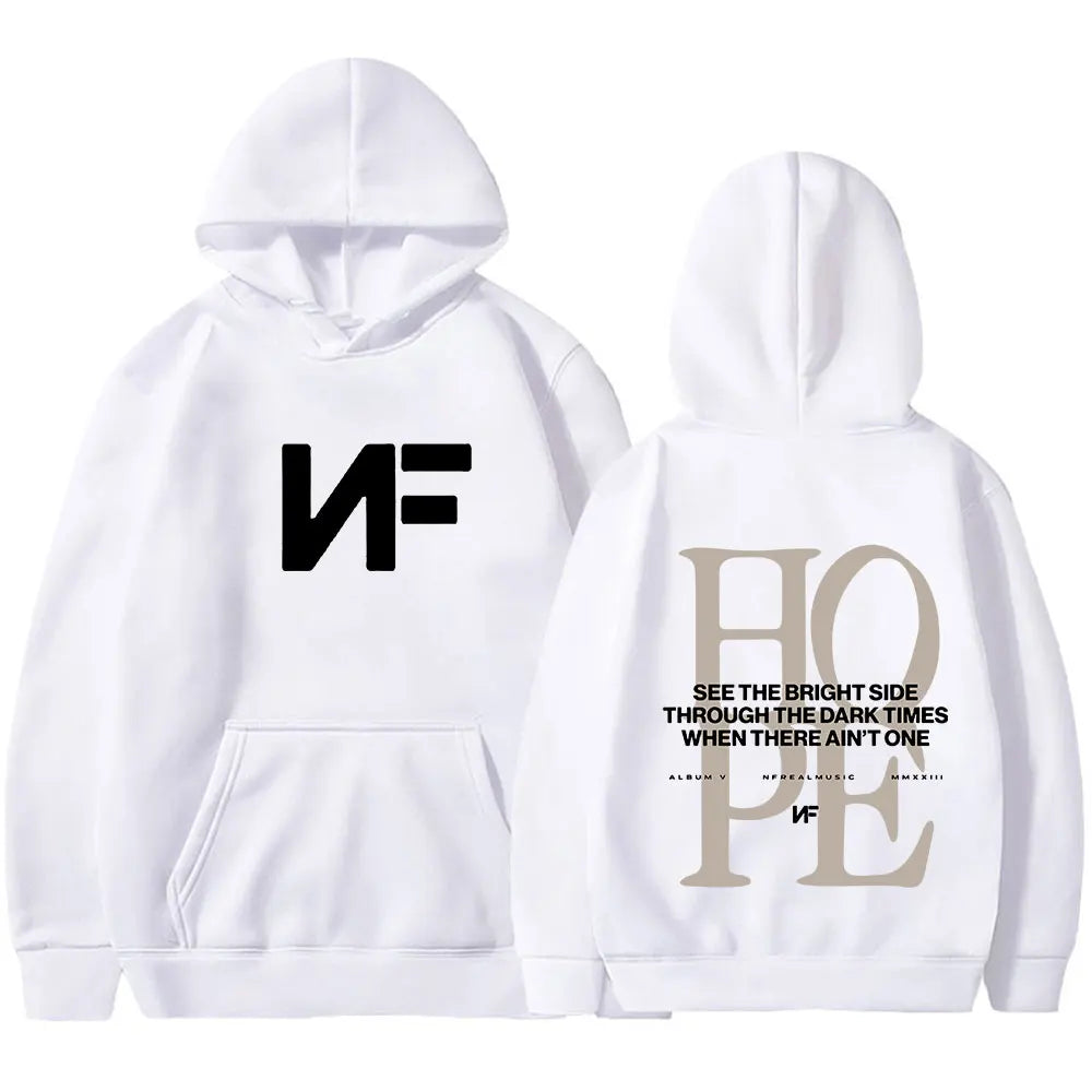 White hooded sweatshirt with bold black nf logo front and large beige graphic back rapper nf hope hoodie harajuku long oversized pullover men