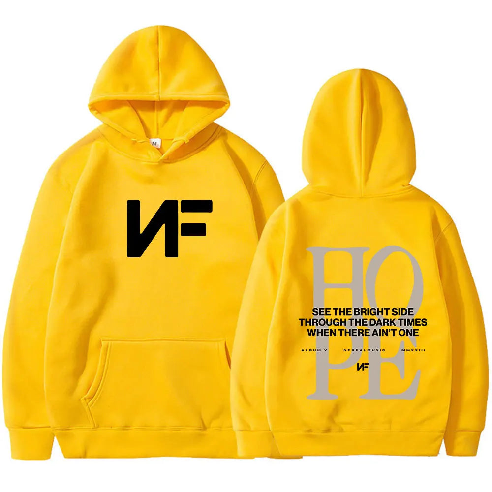 Bright yellow rapper nf hope hoodie harajuku long sleeve oversized pullover men with black nf logo front gray hope back