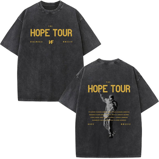 Black oversized cotton t-shirt featuring faded gold rapper nf hope tour graphic and city list on the back vintage washed short