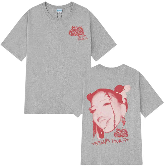 Gray heathered cotton t-shirt with red janelle monáe arena tour 25 graphic print on front and back for casual hip hop fashion