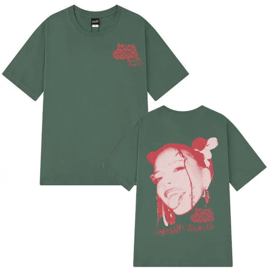 Dark green cotton short-sleeved t-shirt with bold red stylized face print for rapper Nina Chuba arena tour 2025 fans