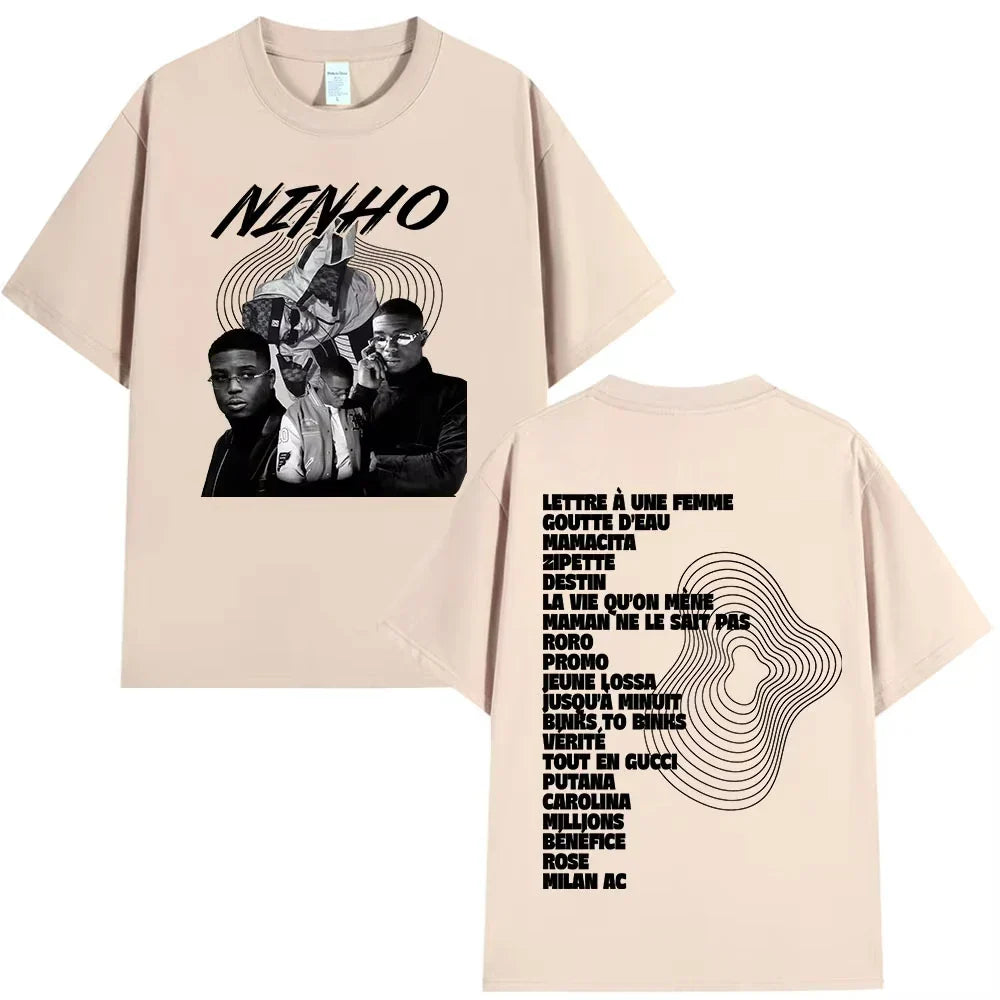 Beige oversized cotton t-shirt featuring rapper ninho jefe black graphic print and music fashion oversized style for women casual cotton wear