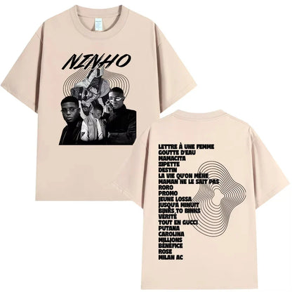 Beige oversized cotton t-shirt featuring rapper ninho jefe black graphic print and music fashion oversized style for women casual cotton wear