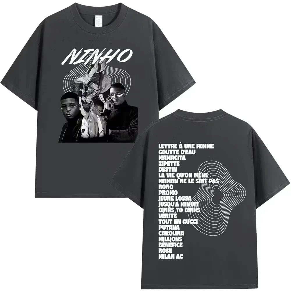 Dark gray oversized rapper ninho jefe t-shirt with black and white graphic and bold white album tracklist on back casual cotton