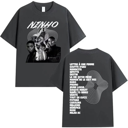 Dark gray oversized rapper ninho jefe t-shirt with black and white graphic and bold white album tracklist on back casual cotton