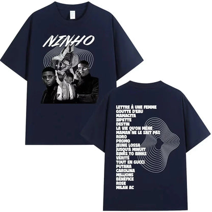 Navy blue rapper ninho jefe graphic tee with black and white photo front and french song titles back women casual cotton oversized