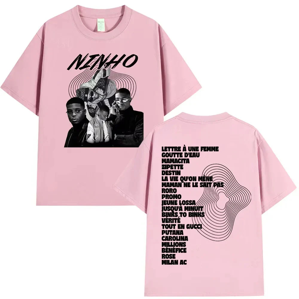 Pink oversized rapper ninho jefe t-shirt with black and white graphic and song titles on back for women casual cotton wear