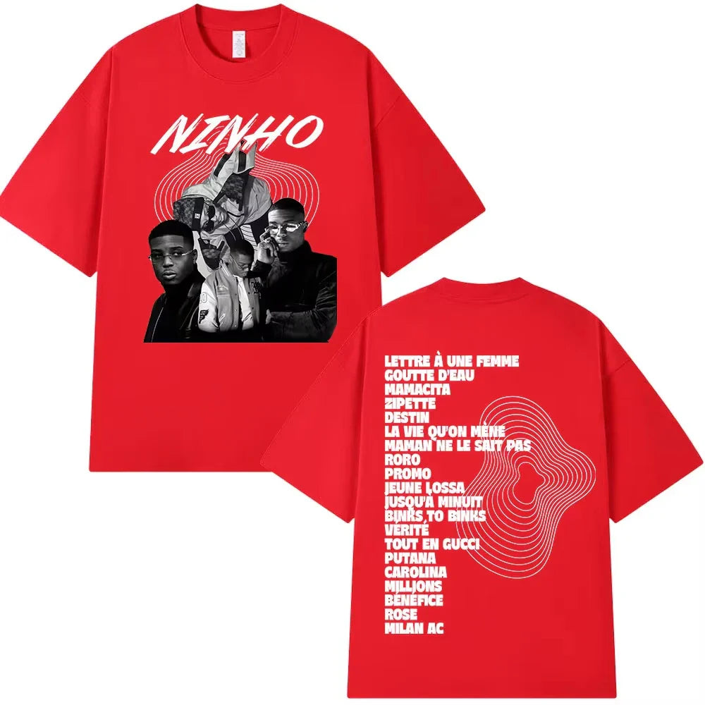 Red cotton rapper ninho jefe oversized t shirt with black and white graphic and song list on back for women casual wear