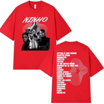 Red cotton rapper ninho jefe oversized t shirt with black and white graphic and song list on back for women casual wear