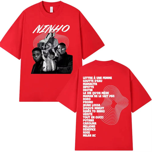 Red cotton rapper ninho jefe oversized t shirt with black and white graphic and song list on back for women casual wear