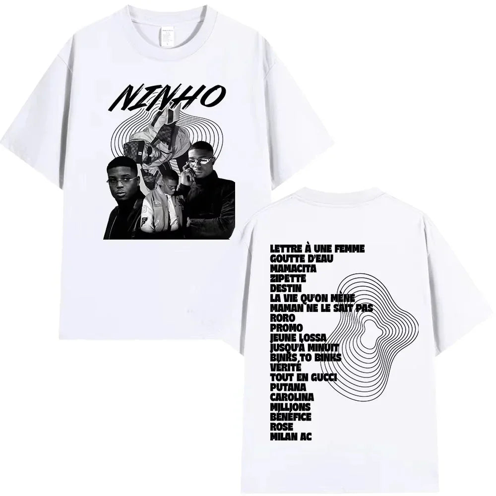White cotton oversized rapper ninho jefe t shirt with black and white graphic and vertical song list on back for women casual wear