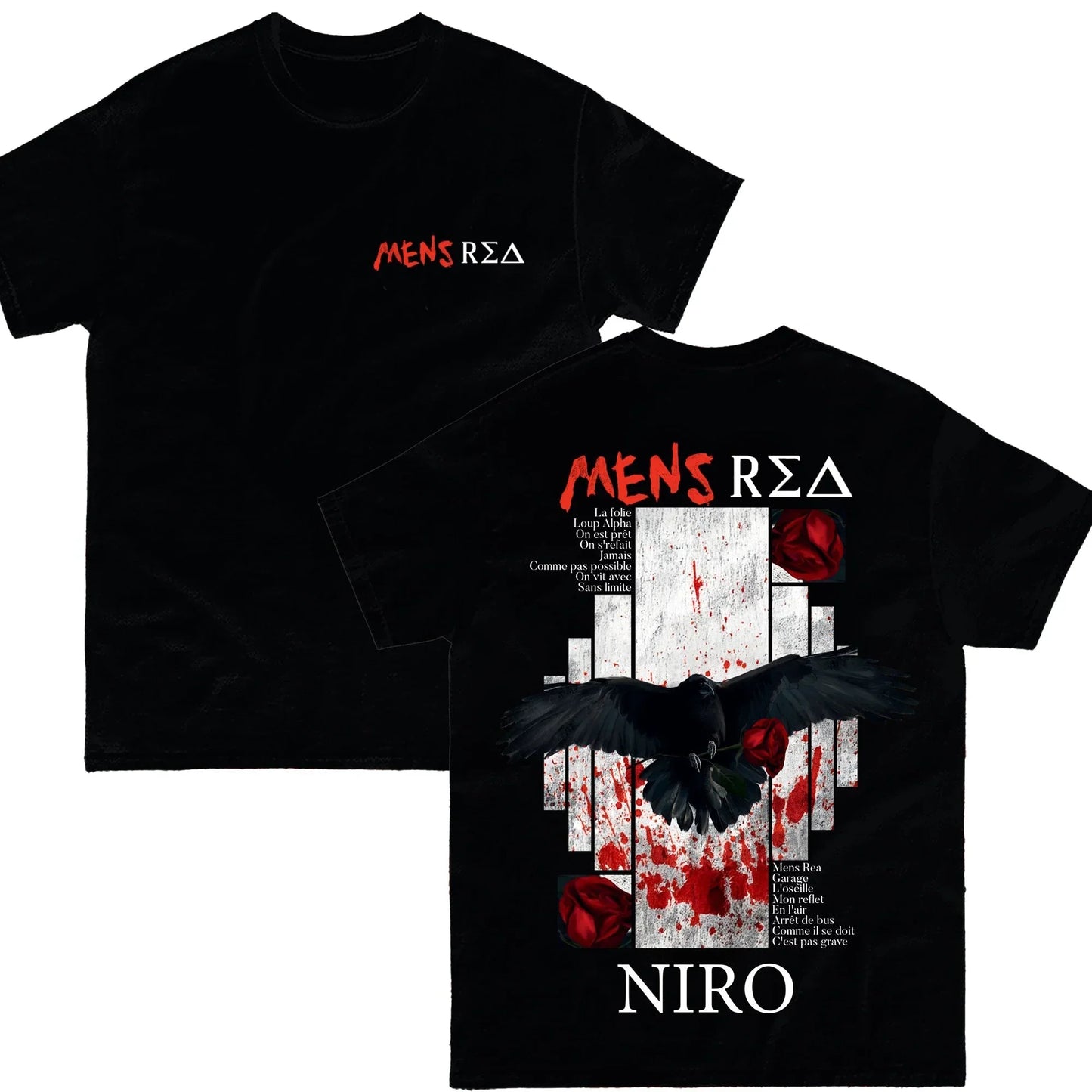 Black cotton rapper niro vintage cotton fans streetwear unseix t-shirt with crow and red roses graphic design