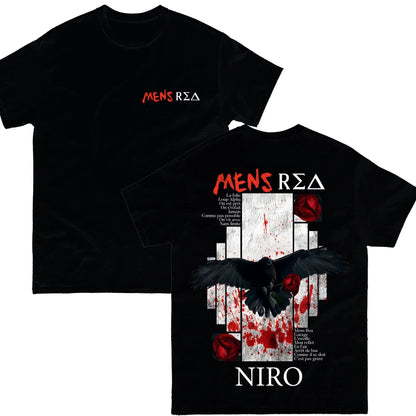 Black cotton rapper niro vintage cotton fans streetwear unseix t-shirt with crow and red roses graphic design