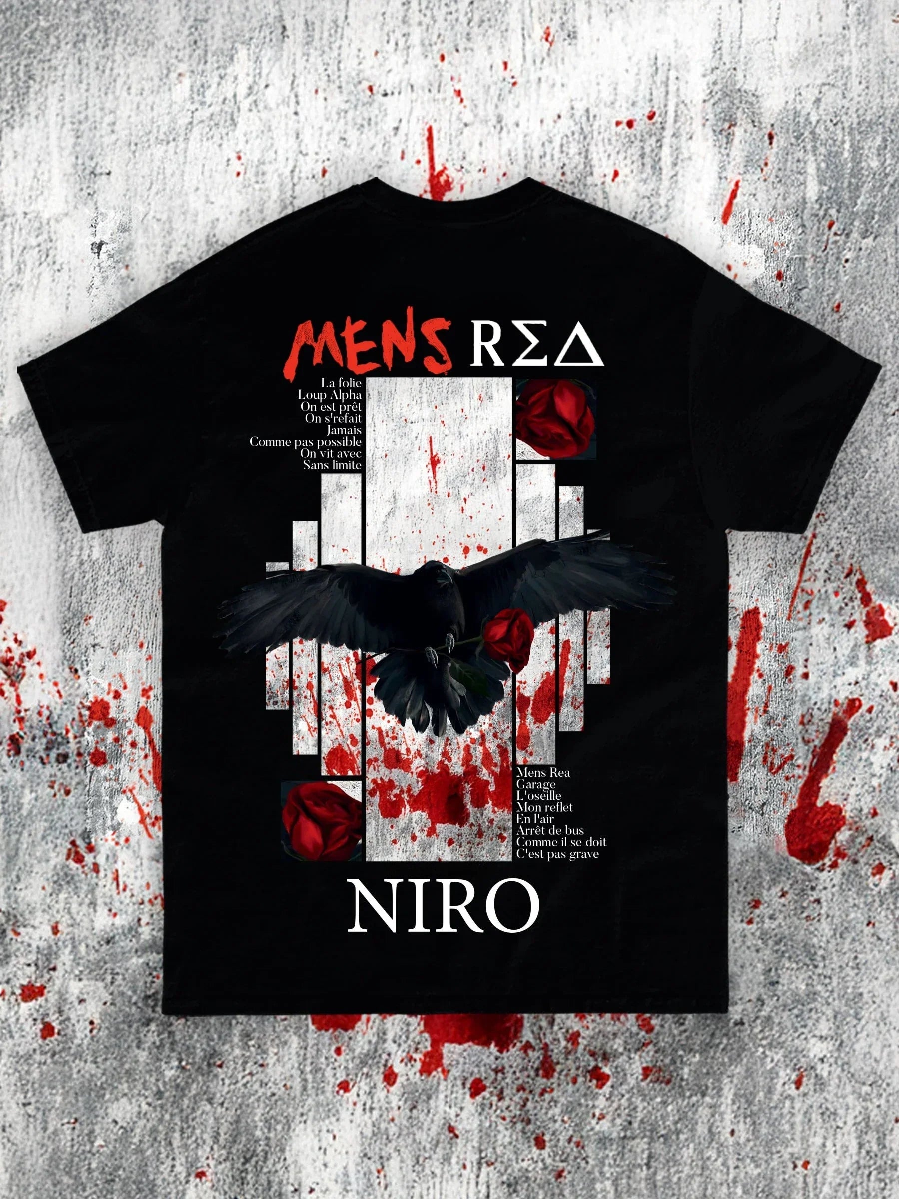 Black rapper niro graphic t-shirt featuring a crow with red roses blood splatter vintage cotton fans streetwear unseix top