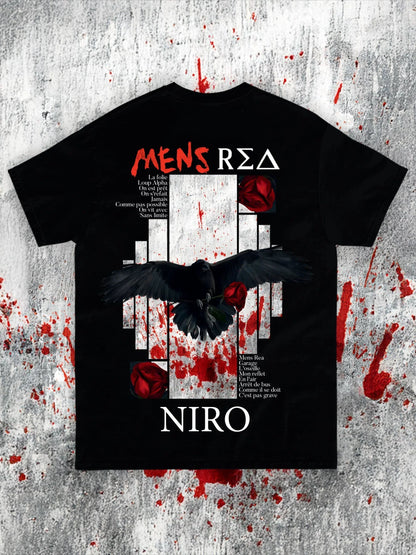 Black rapper niro graphic t-shirt featuring a crow with red roses blood splatter vintage cotton fans streetwear unseix top
