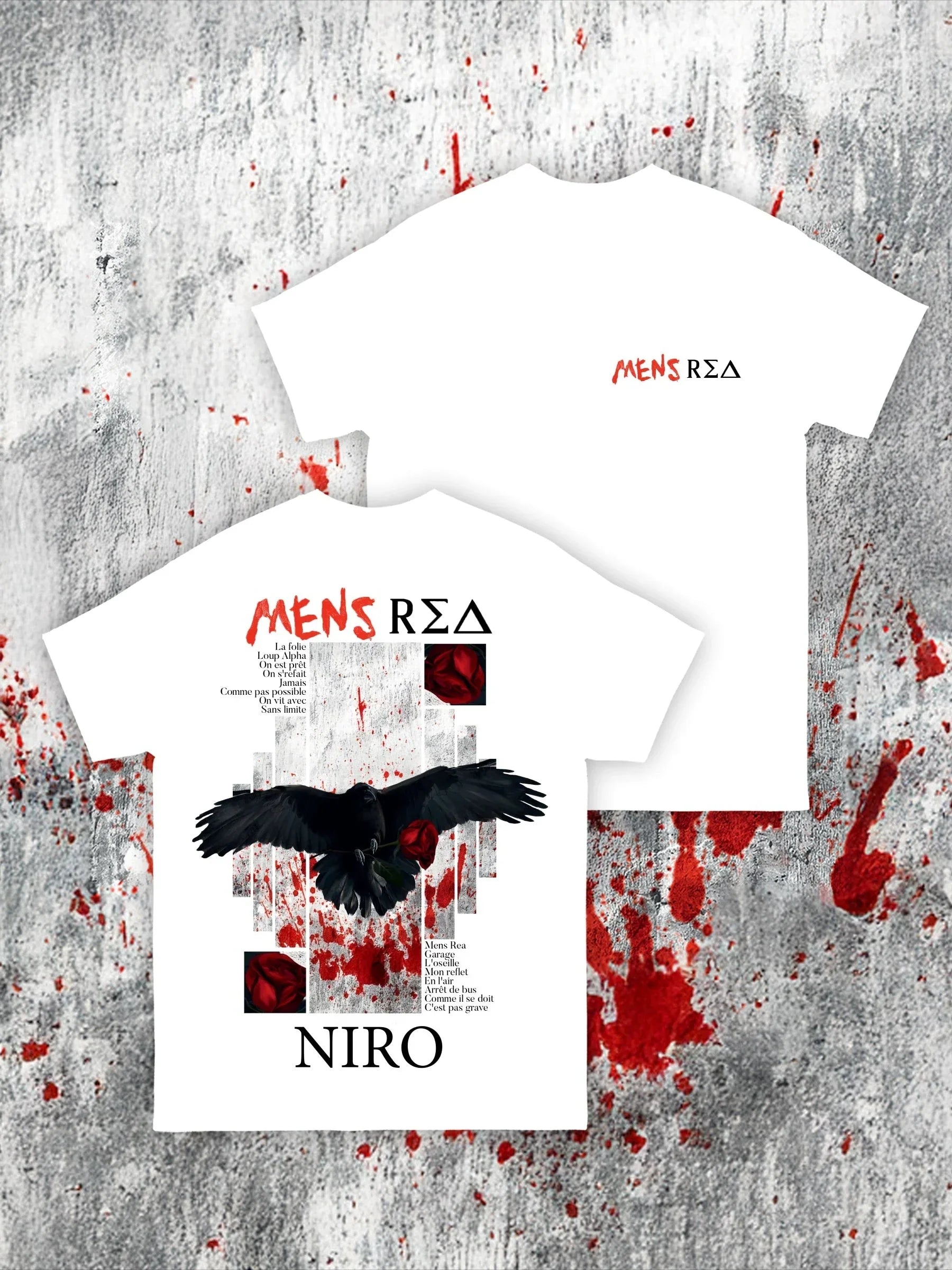 White cotton rapper niro t-shirt with black crow graphic red accents vintage cotton fans streetwear unseix design
