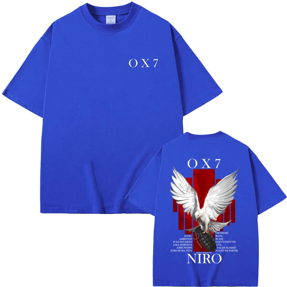 Royal blue rapper niro ox7 casual cotton vintage t-shirt with white eagle graphic red bars and back text hip hop fashion