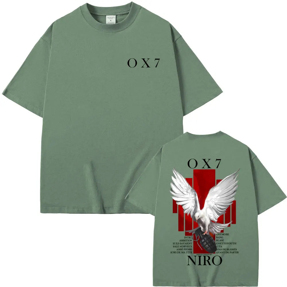 Ox7 olive green cotton t-shirt with white dove graphic red accents and backside text for rapper niro ox7 hip hop fashion