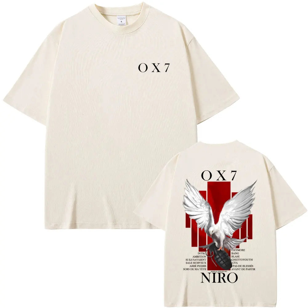 Back of cream-colored rapper niro ox7 casual cotton vintage t-shirt with white dove clutching grenade graphic hip hop fashion