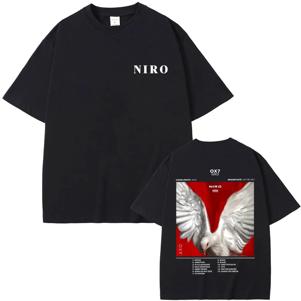 Black casual cotton vintage rapper niro ox7 t-shirt with white logo front and dove album graphic back for hip hop fashion