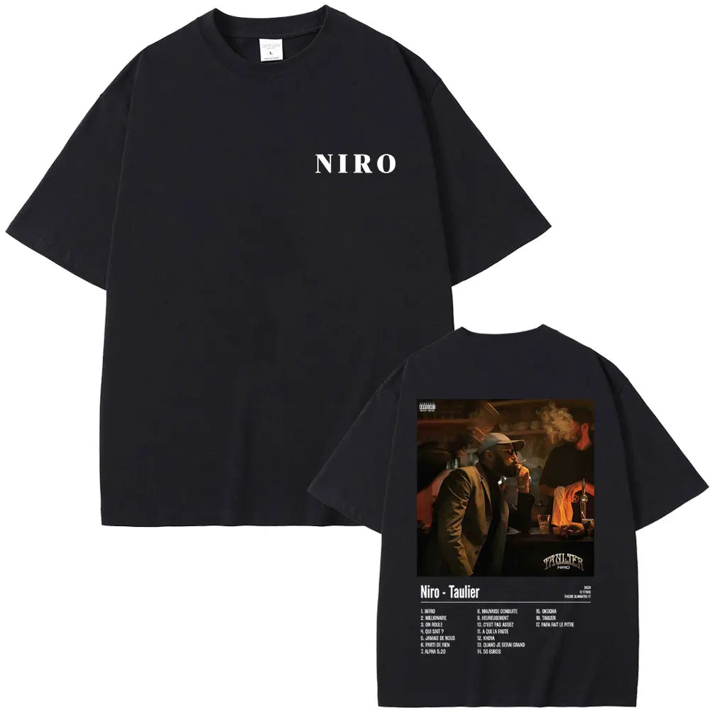 Black short-sleeved casual cotton vintage t-shirt featuring rapper niro ox7 album graphic and hip hop fashion design