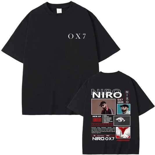 Black ox7 t-shirt back featuring rapper niro ox7 graphic with two men and angel wing in casual cotton vintage style hip hop fashion