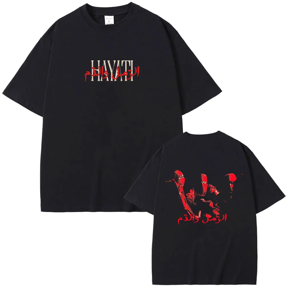 Black oversized rapper niro ox7 cotton t-shirt with bold red white hayati graphic for hip hop fashion casual vintage wear