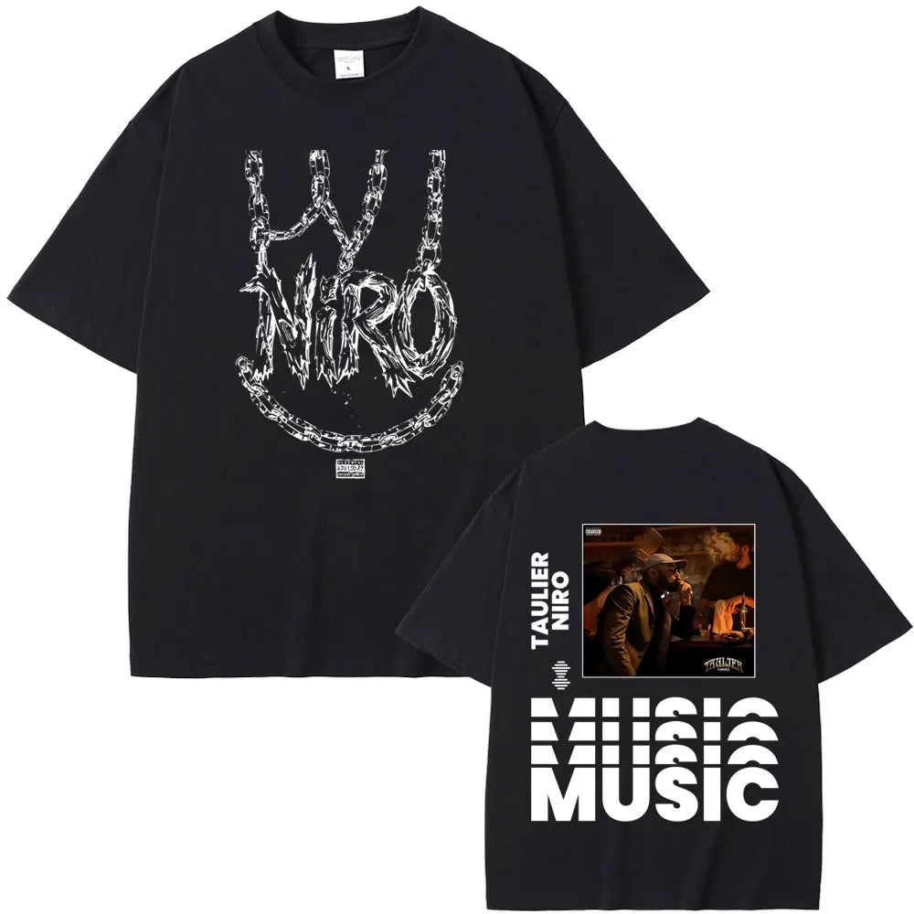 Black oversized cotton t shirt with white chain link rapper niro ox7 graphic and music print in hip hop fashion style