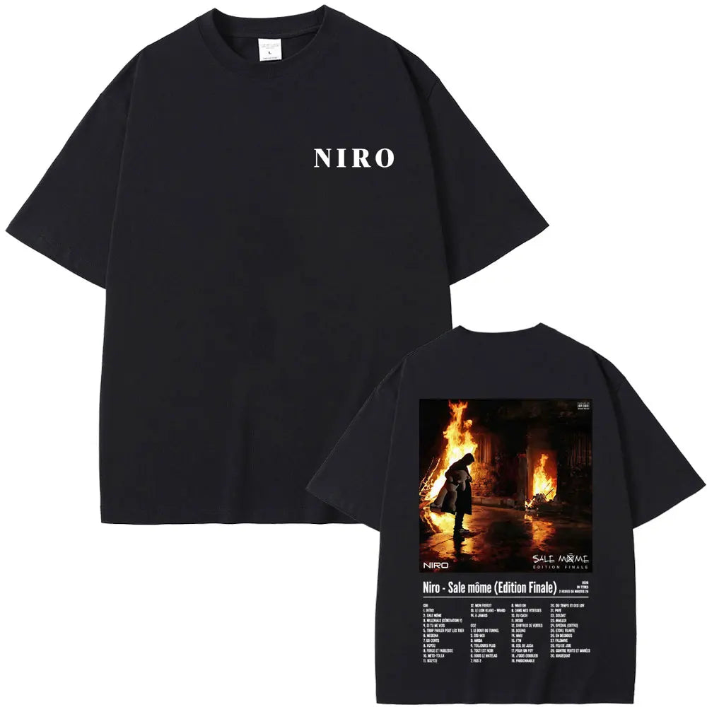 Black niro t-shirt with rapper niro ox7 album graphic back print and niro text on chest casual cotton vintage hip hop fashion