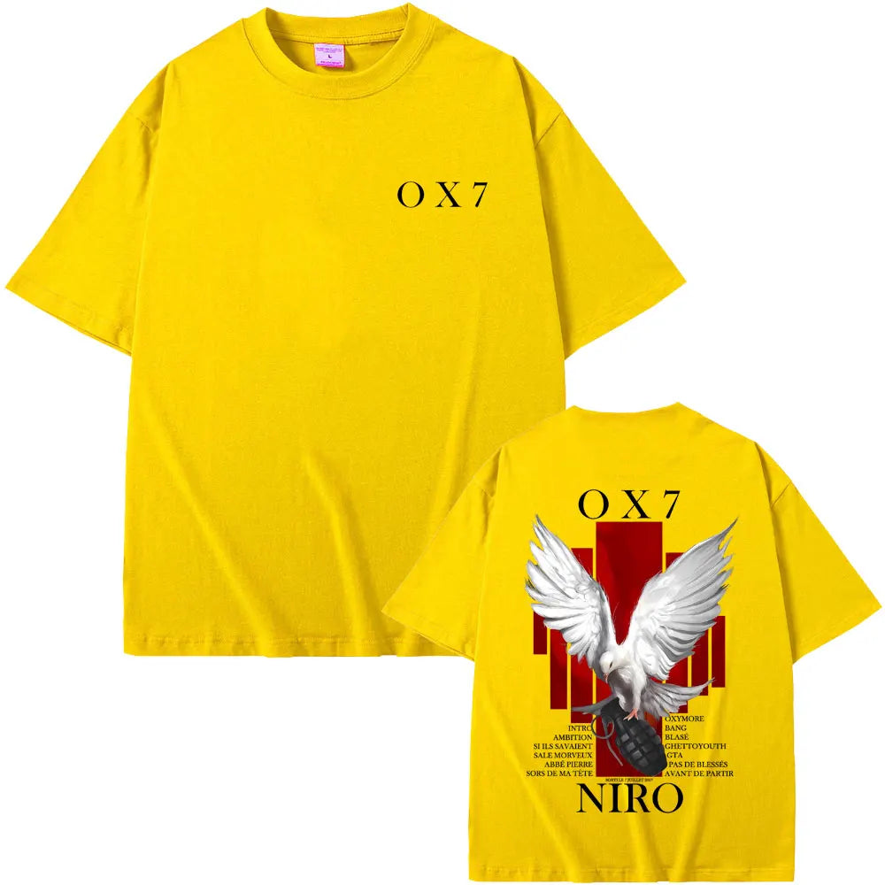 Bright yellow rapper niro ox7 t-shirt with bold dove and grenade graphic in casual cotton vintage hip hop fashion style