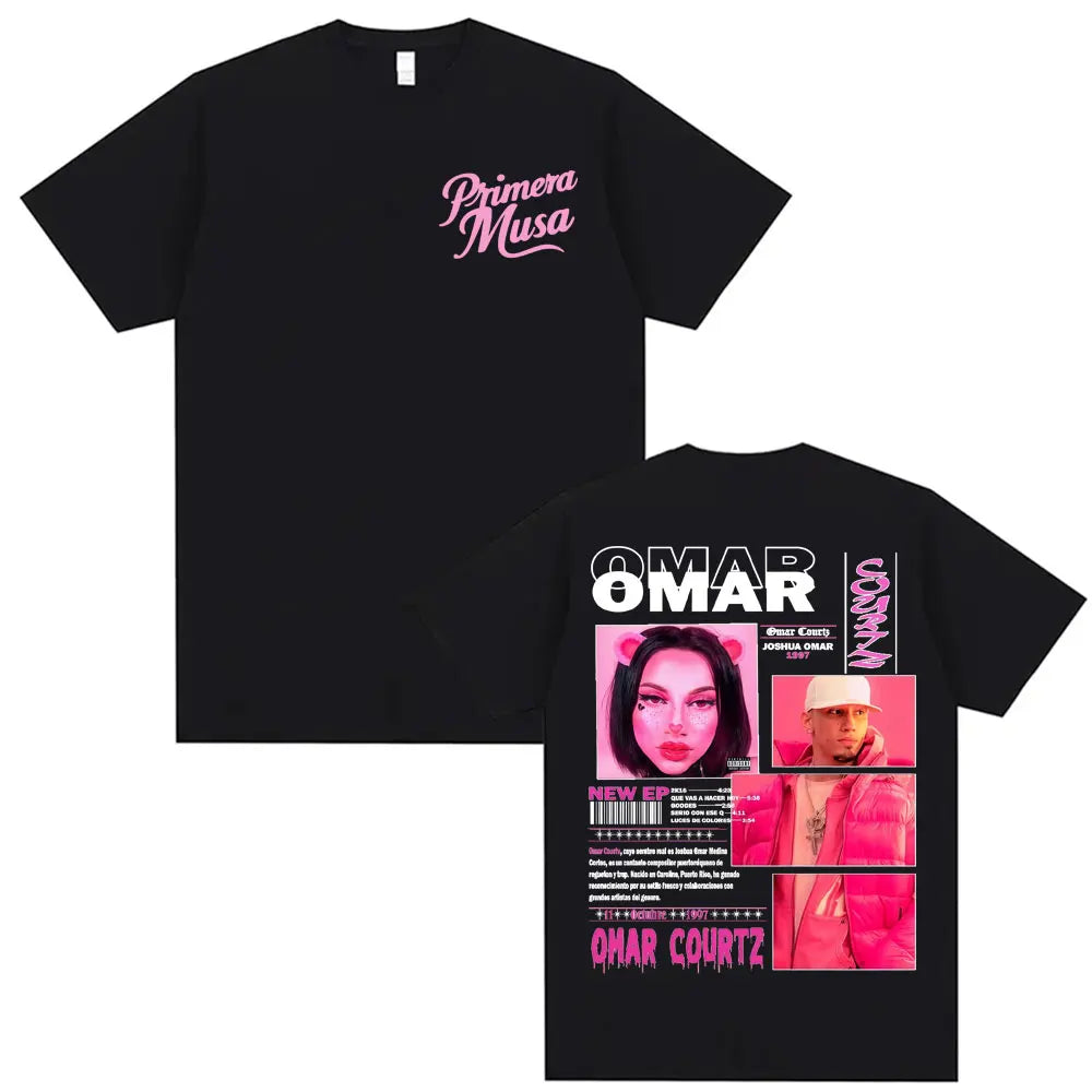 Black short-sleeved rapper omar courtz t-shirt with pink primera musa graphic and vintage 90s hip back print oversized summer tops