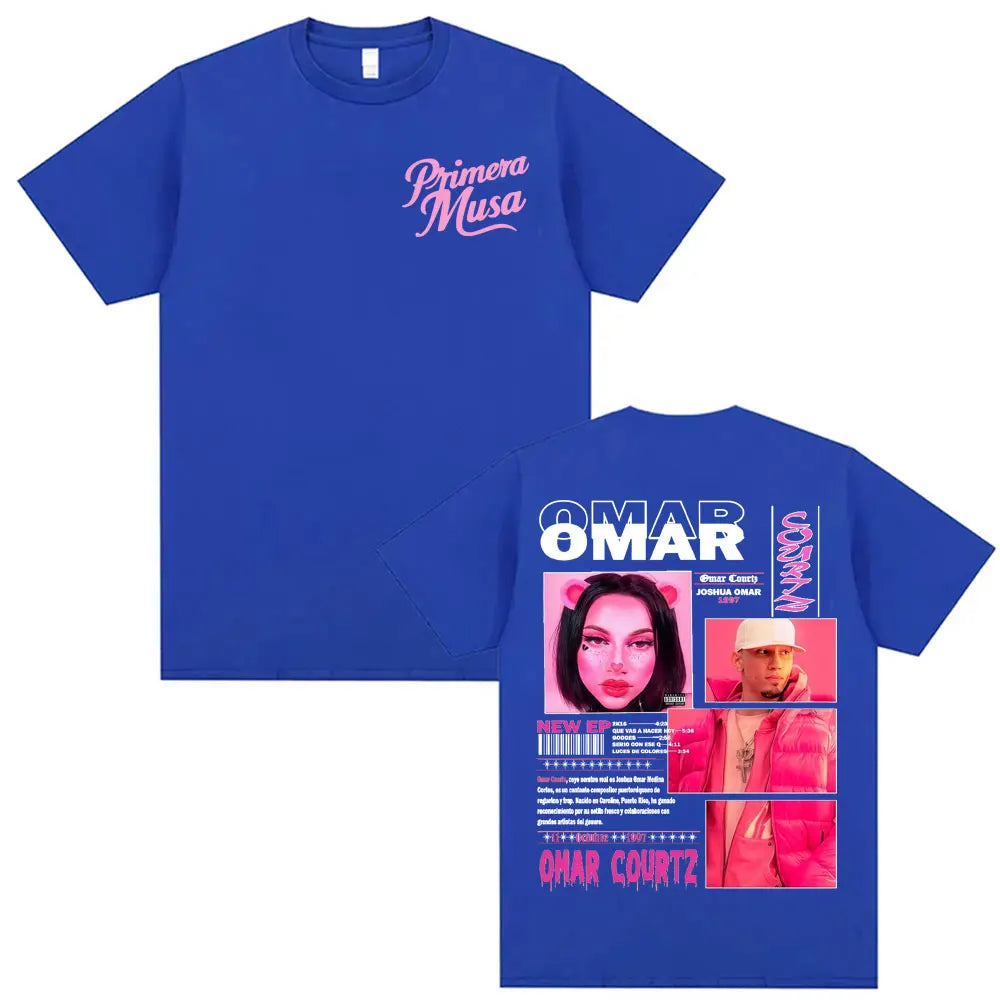 Blue short-sleeved t-shirt with pink primera musa logo front and vibrant pink omar cortez album design on back oversized summer tops vintage 90s hip hop