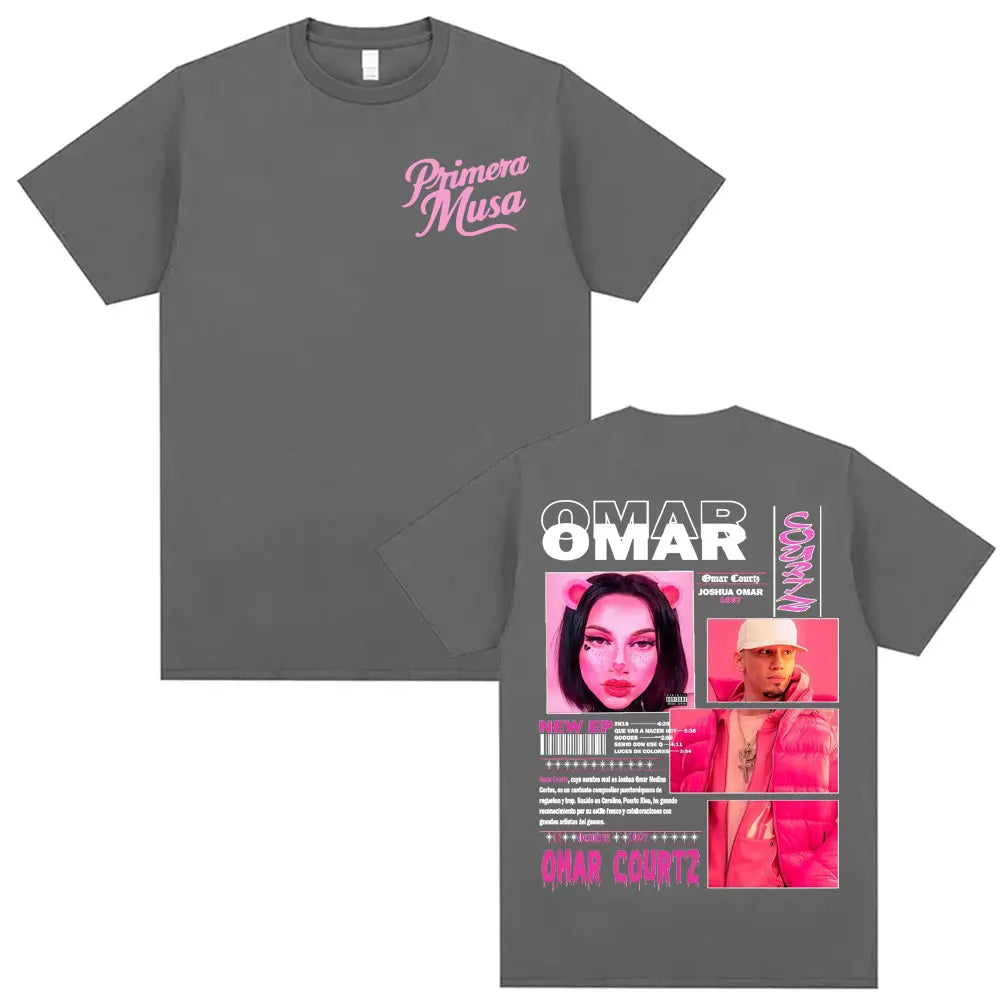Gray rapper omar courtz t shirt with pink primera musa text front and vibrant multi photo design back vintage 90s hip summer tops oversized