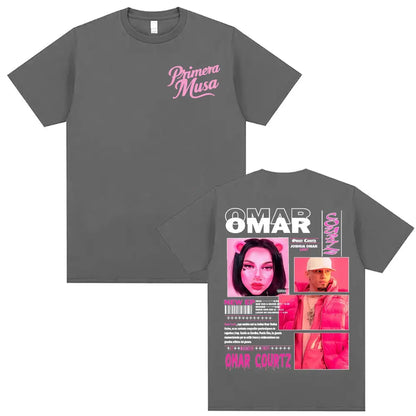 Gray rapper omar courtz t shirt with pink primera musa text front and vibrant multi photo design back vintage 90s hip summer tops oversized