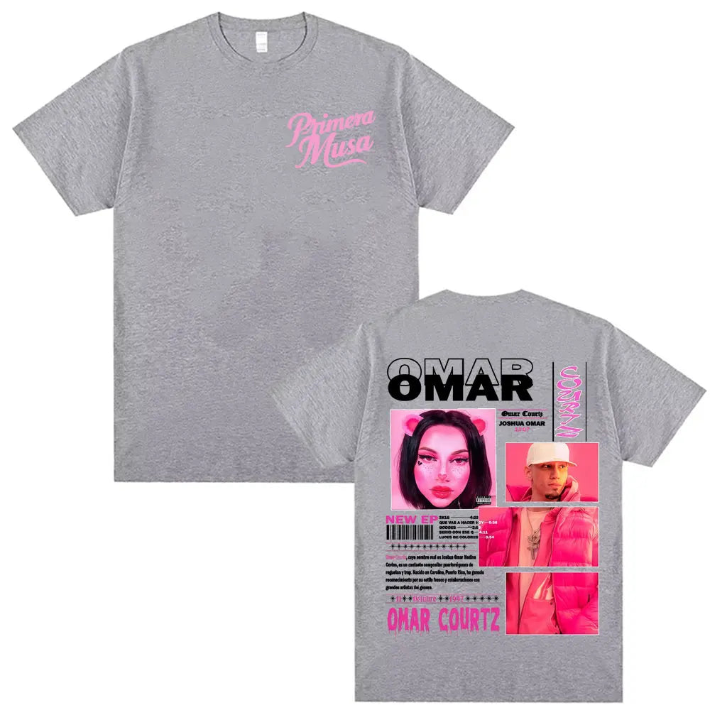 Gray cotton t-shirt with pink primera musa logo front and vibrant back print featuring rapper omar cortez for vintage 90s hip summer tops oversized style
